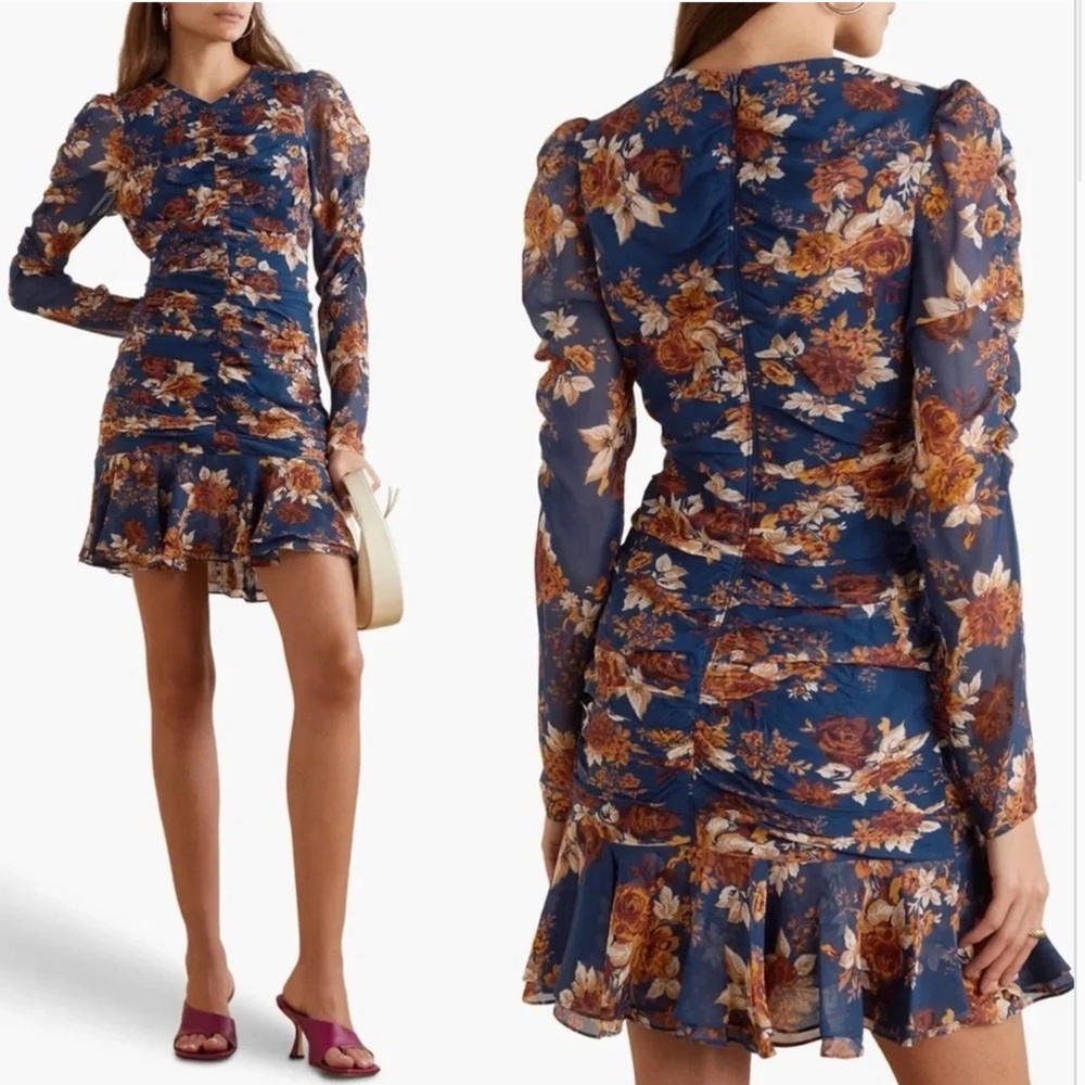 Veronica Beard Hedera Ruched Floral blue Silk Sz 6